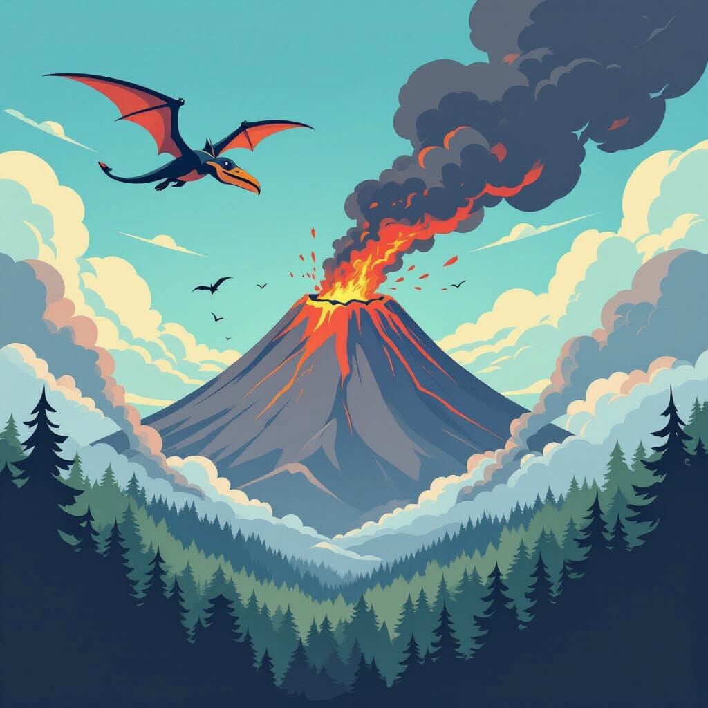 Pterodactyl Soaring Above Volcano in Cartoon Style