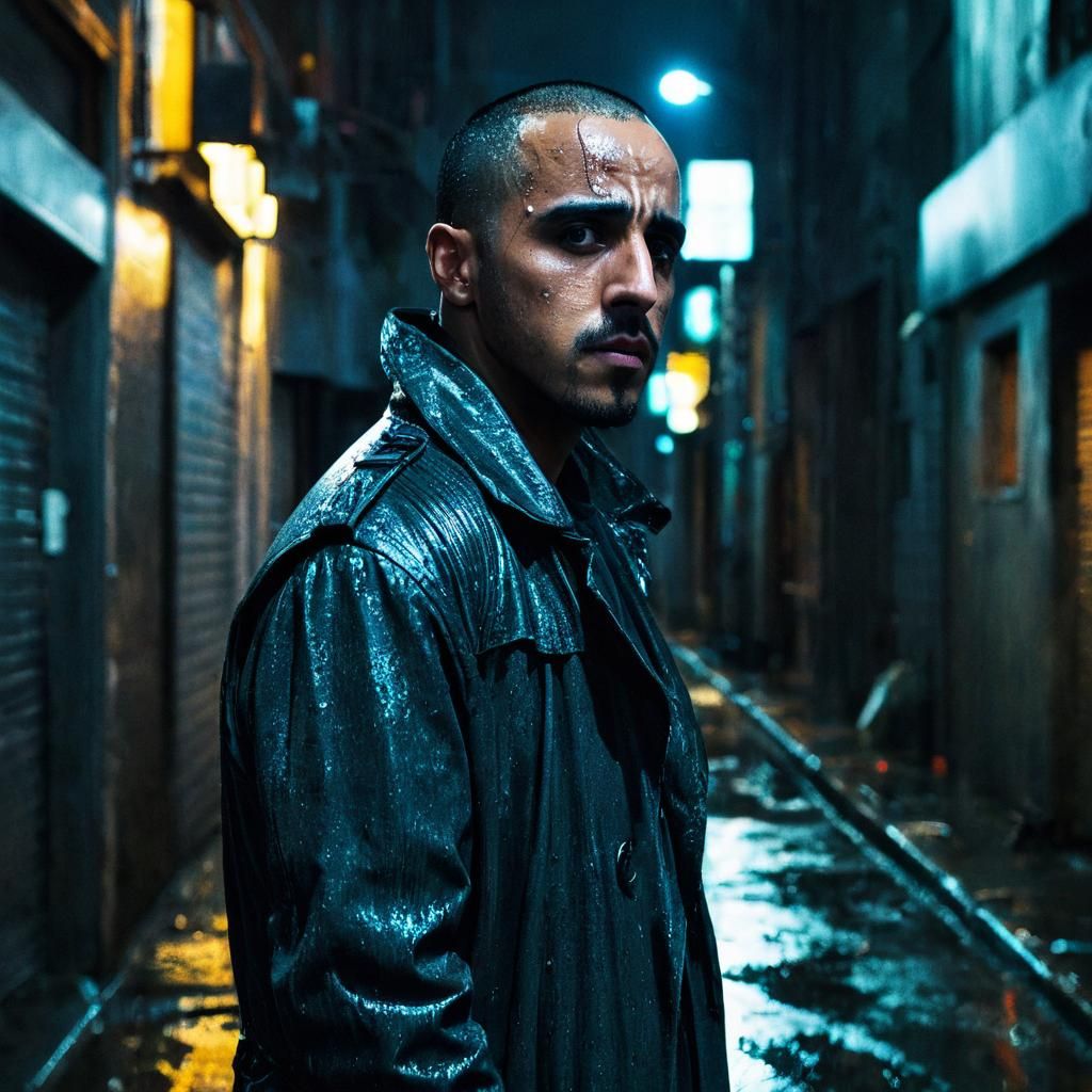 Cyberpunk Protagonist in Rainy City Alley