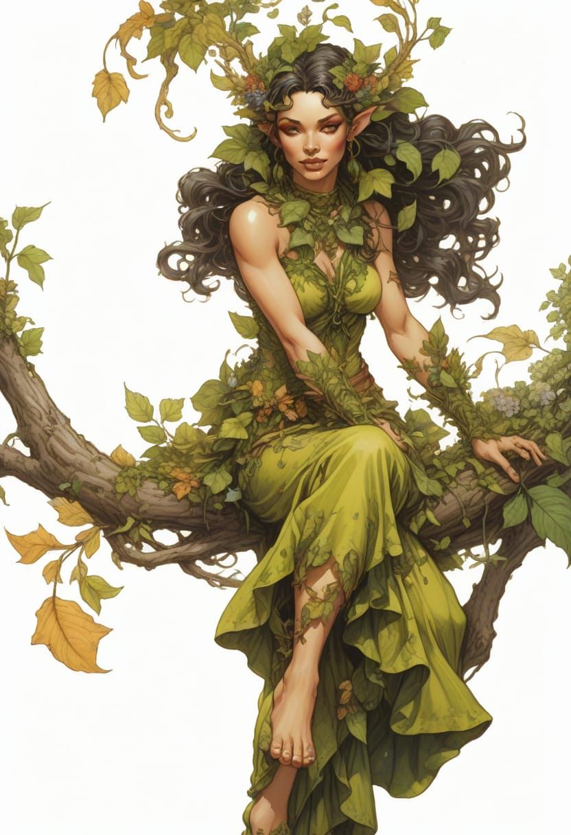 Happy Dryad Dressed in Leaves and Flowers