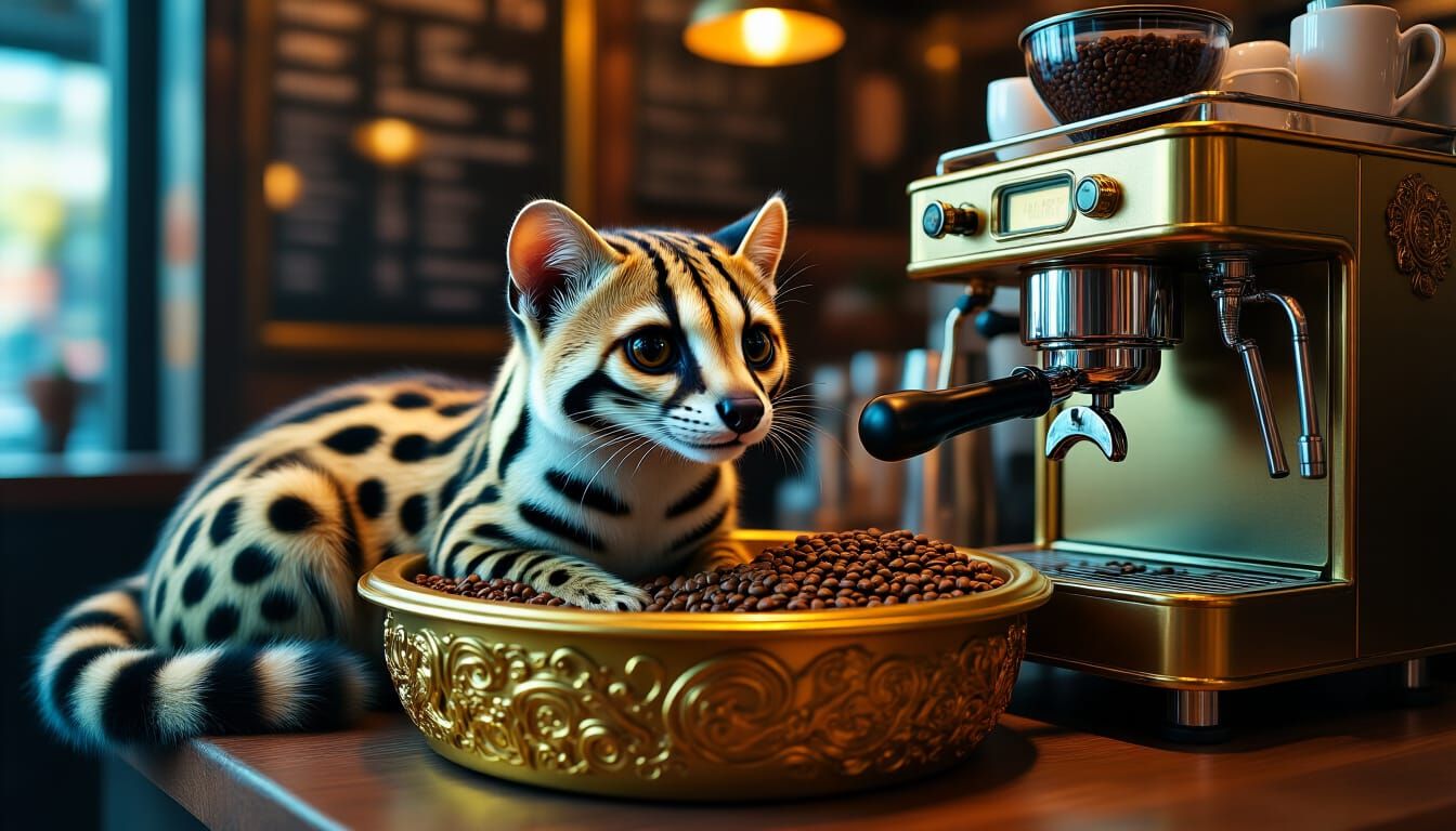 Civet Cat in Hipster Coffee Shop, Surreal Art