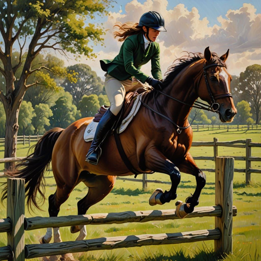 Girl on Horse Leaping Over a Wooden Fence in a Green Meadow