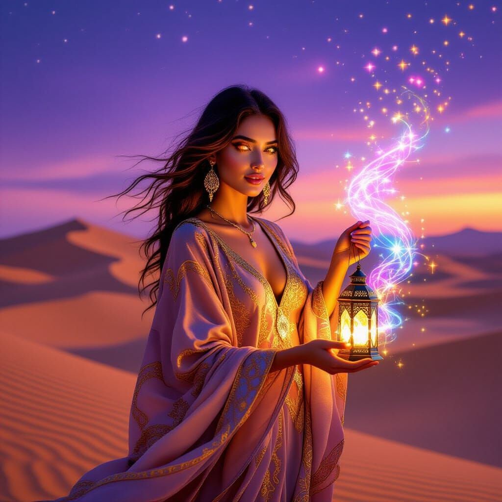 Moroccan Woman with Amber Eyes in Violet Sky