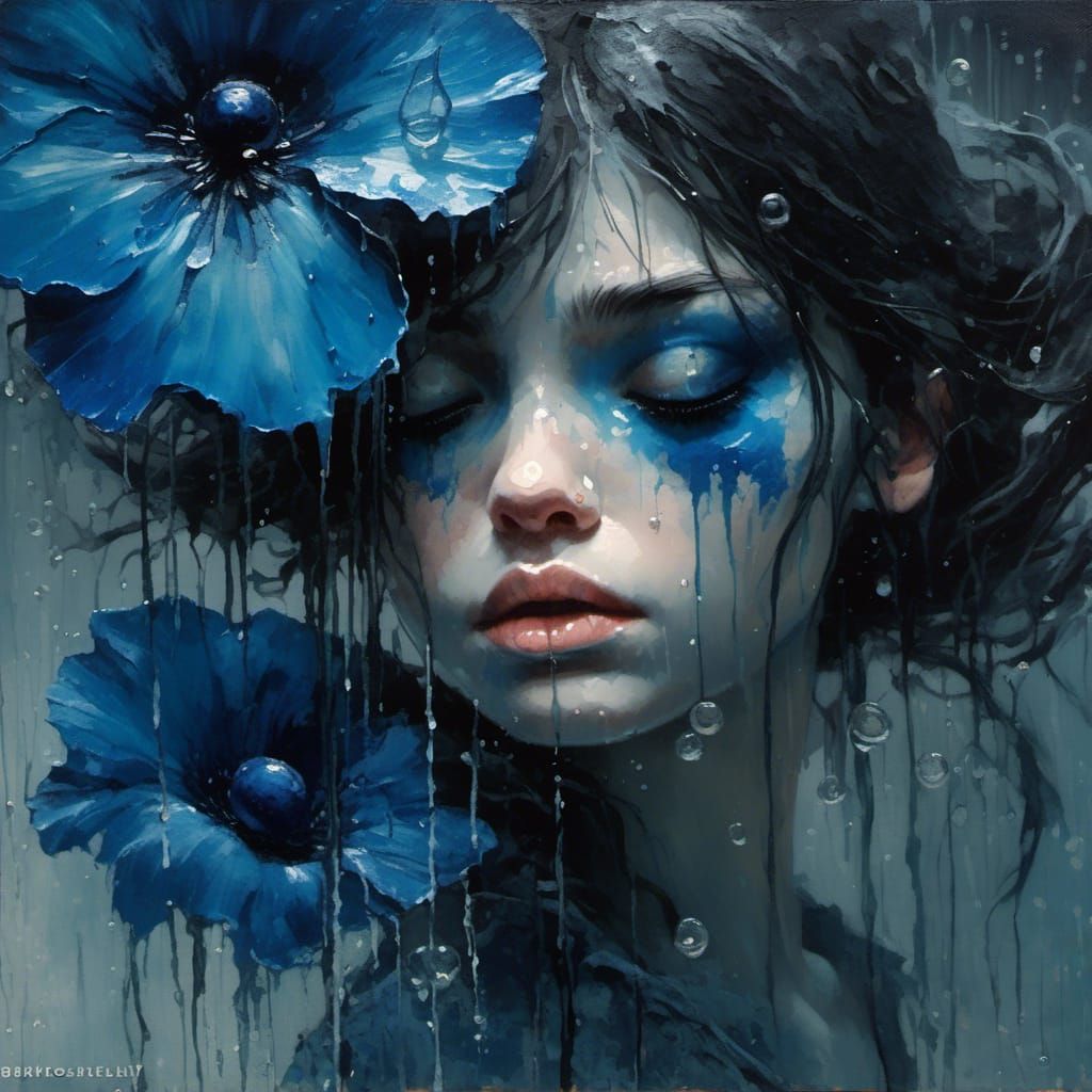 Monochrome Blue Impasto Portrait in Dark Ocean