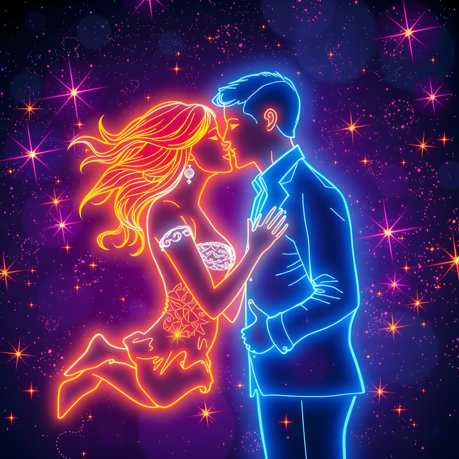 Neon Hologram Lovers in Starry Embrace