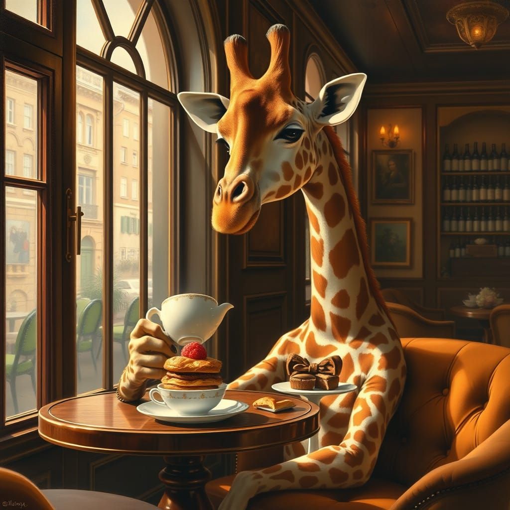 Giraffe Enjoys Coffee and Cake in a Vintage Cafe