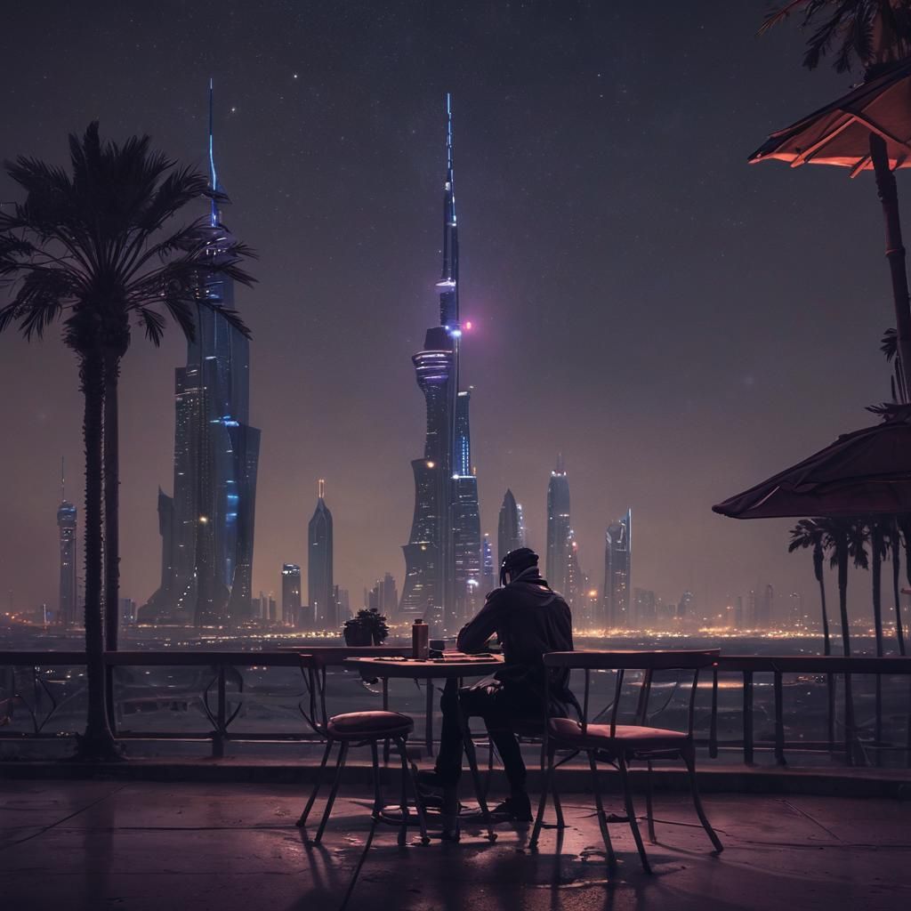 Cyberpunk Stranger in Kuwait City at Night