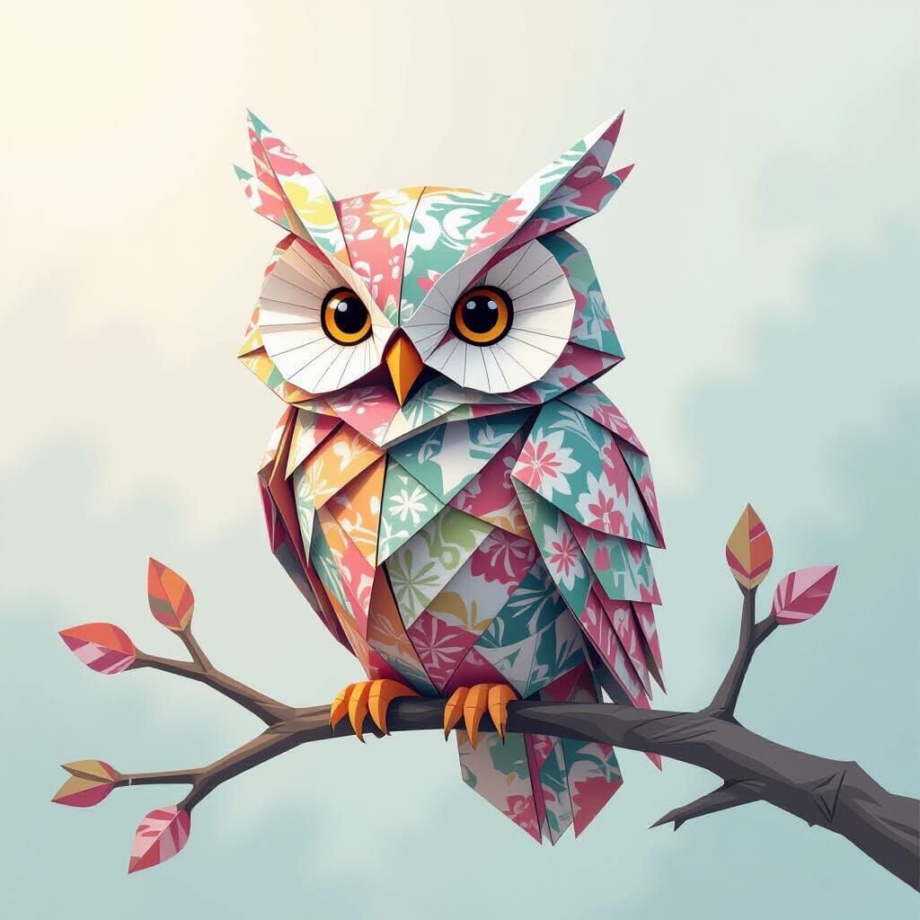 Origami Owl on Paper Branch in Watercolor Dreamscape