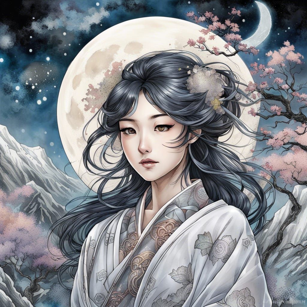 Japanese Moon Goddess Portrait in Manga Style