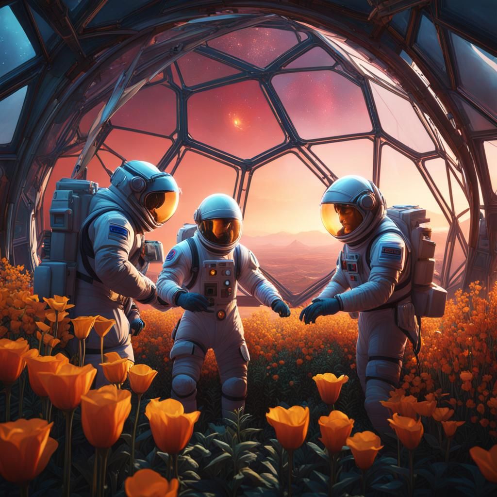 Astronauts tending flowers in Baghdad: detailed matte painti...