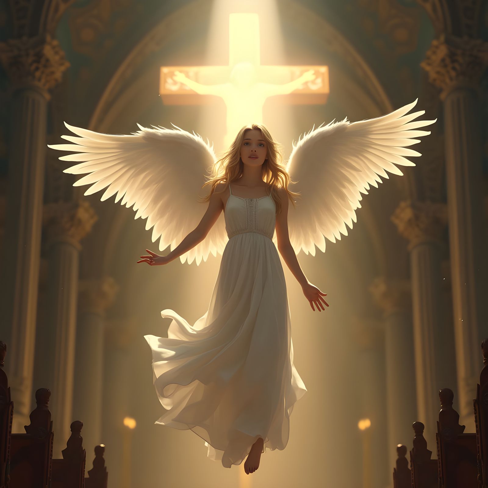 Angel in Baroque Cathedral Shines with Divine Light