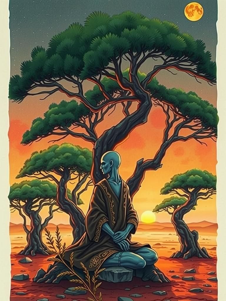Alien Meditation in Desert Pine Forest, Watercolour Painting