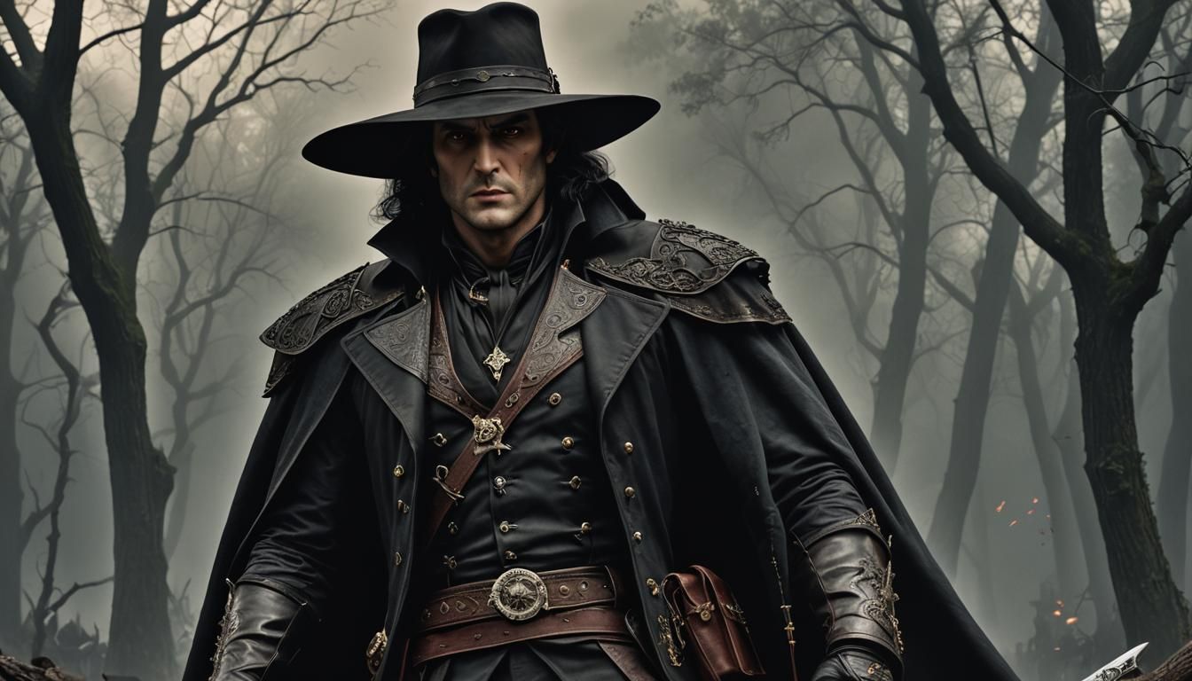 Hyperrealistic Vampire Hunter Portrait, Detailed Dark Eyes