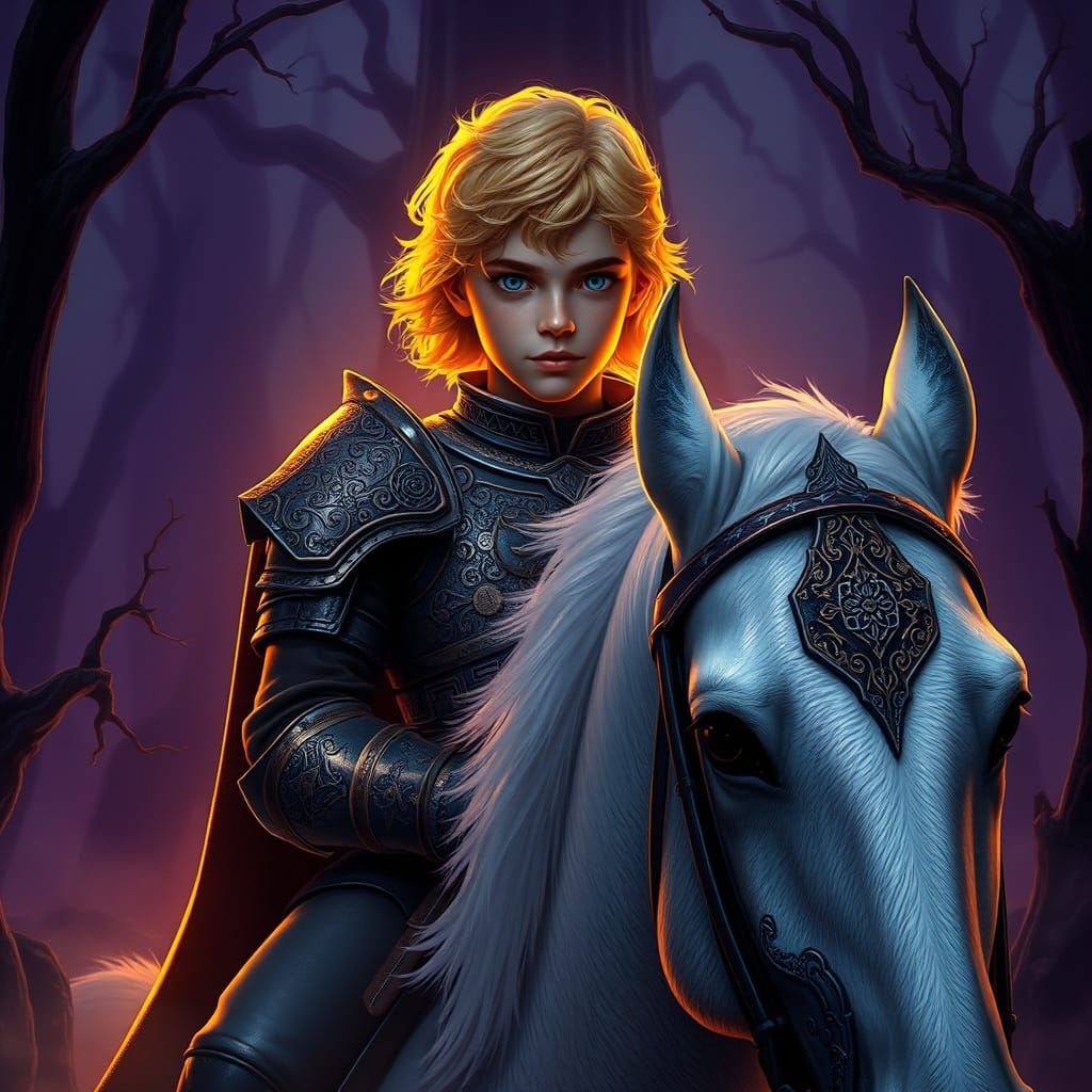 Mystical Prince Rides White Horse Through Enchanted Forest
