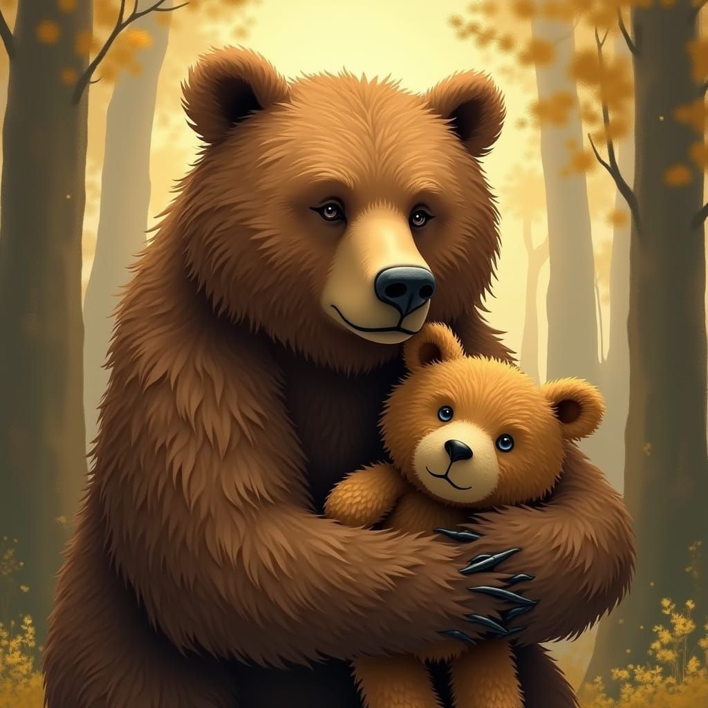 Majestic Grizzly Bear Cuddles a Worn Teddy Bear in a Whimsic...