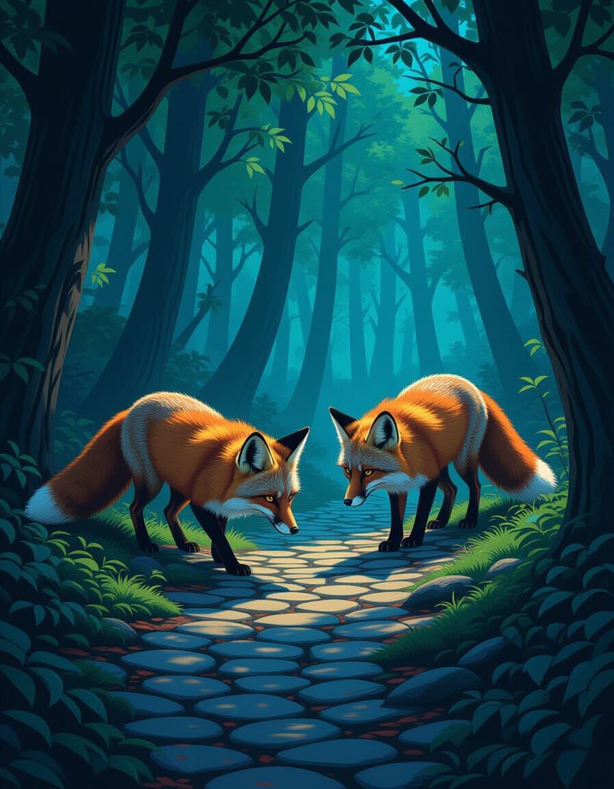Foxes Stalking Prey in Ominous Dark Woods
