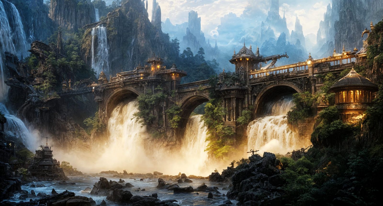 Steampunk Bridge over Machine, Hyper-Detailed Oil Painting