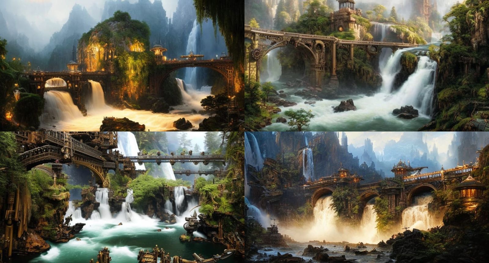 Steampunk Bridge Over Machine and Waterfall