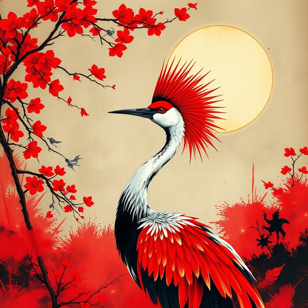 Red Crane, Rising Sun, and Ink Bleed in Asian Fantasy Style