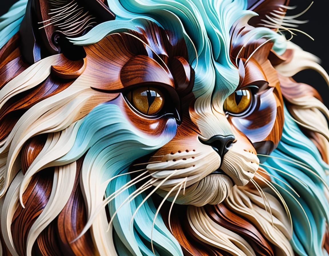 Surreal Wooden Cat Sculpture in Fauvist Style