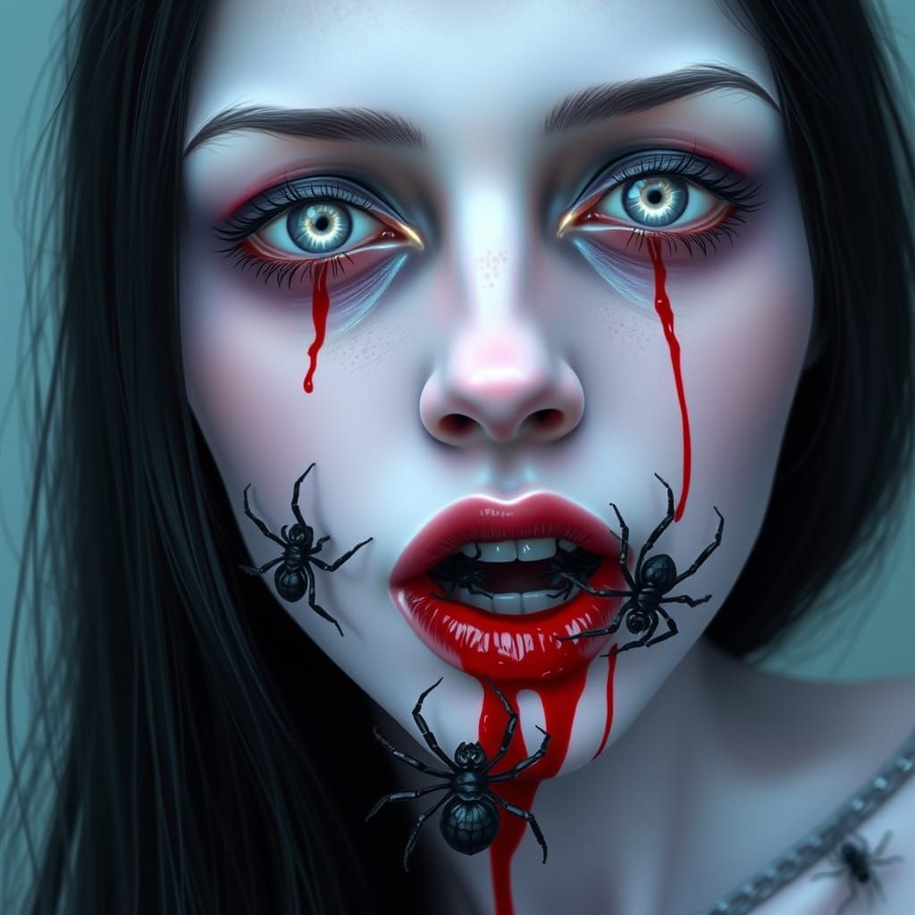 Hyper-Realistic Woman with Spiders from Lips