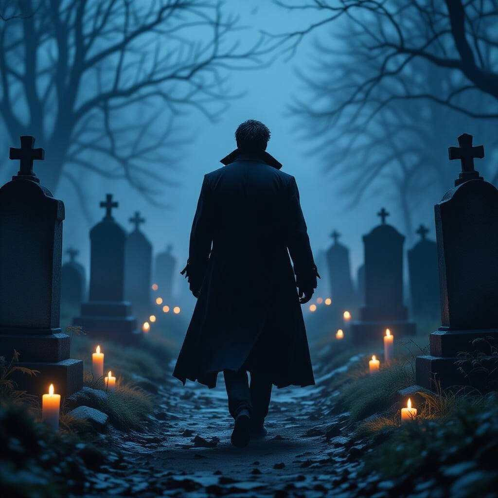 Man in Foggy Cemetery on All Saints Day