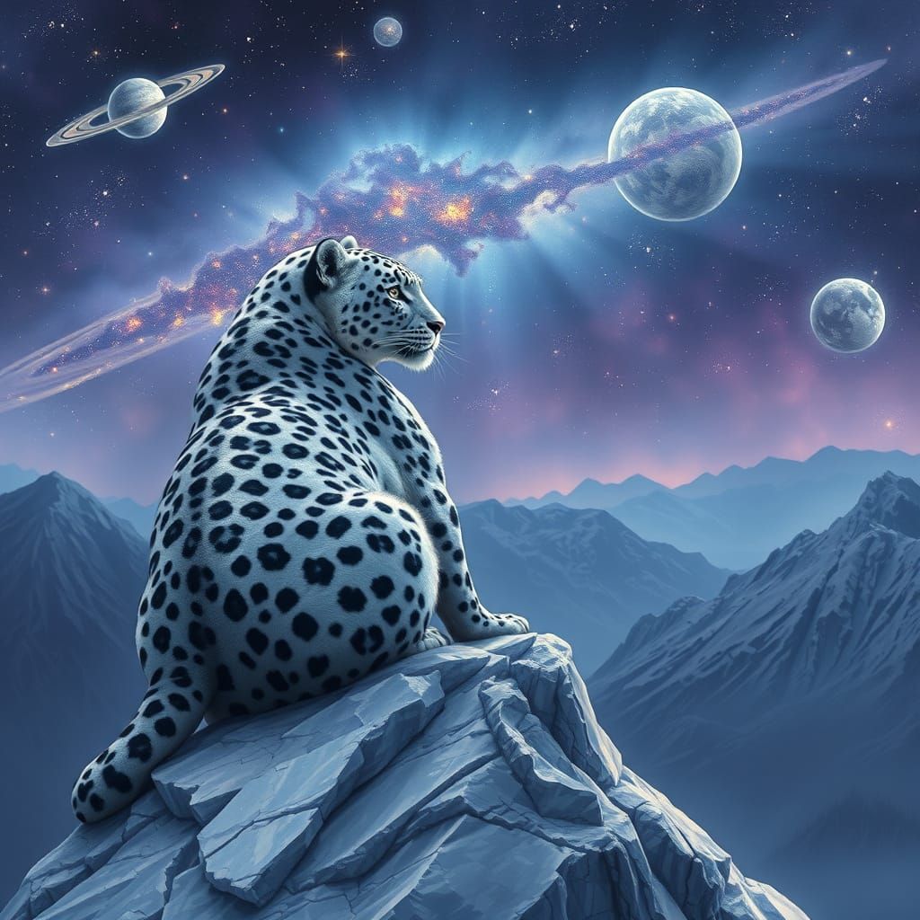 Galactic Snow Leopard on Crystal Mountain in Surreal Style
