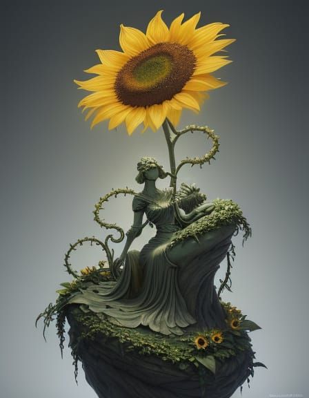 Giant Sunflower Statue Holds Figure in Dreamlike Surreal Art