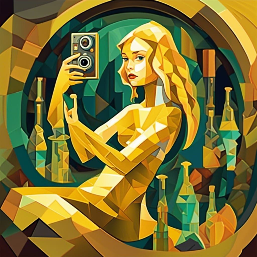 Android Mermaid in Underwater Cave, Cubist Art Deco Style