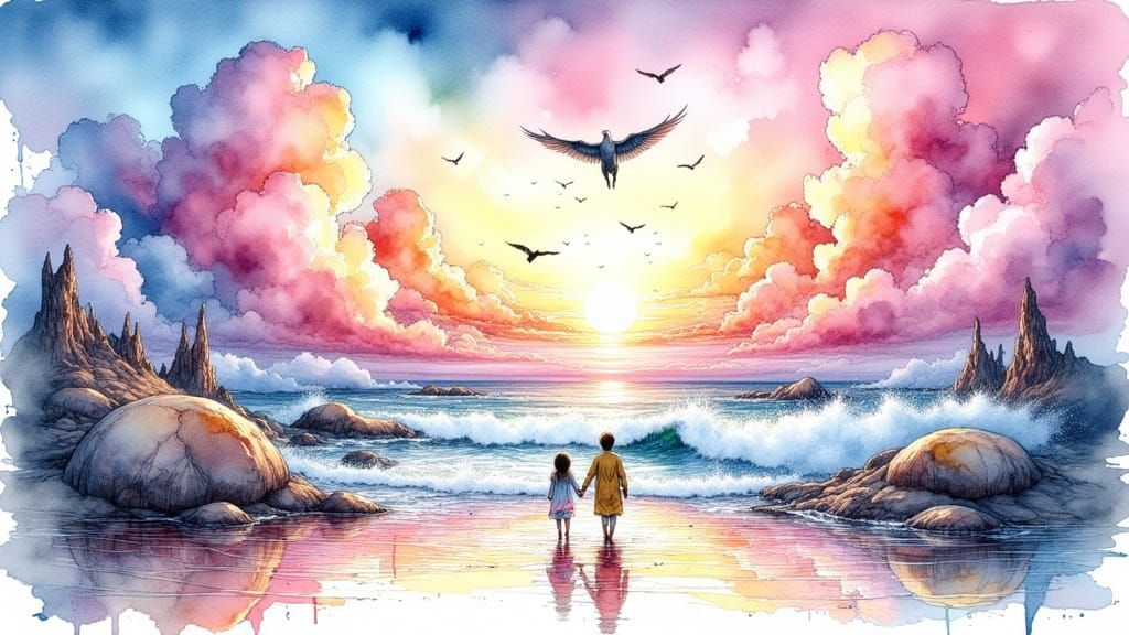 Magical Watercolor Flight Across the Sky