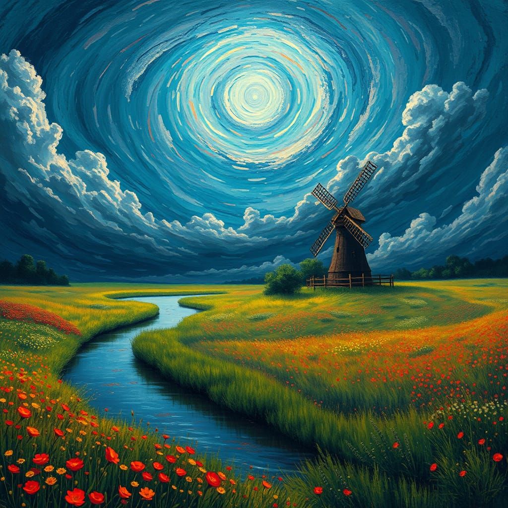 Vibrant Meadow River Scene in Post-Impressionist Style