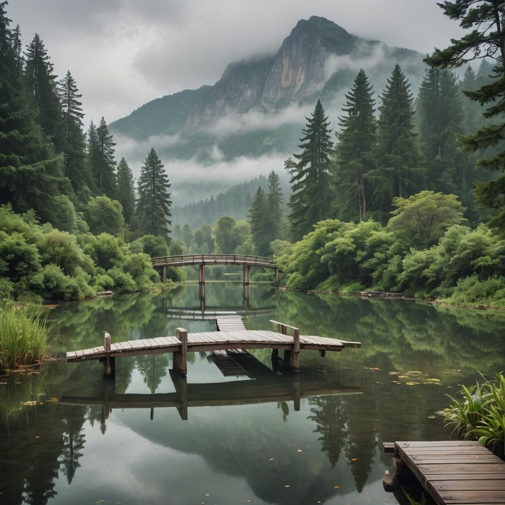 Serene Lake Landscape with Wooden Bridge in Fog