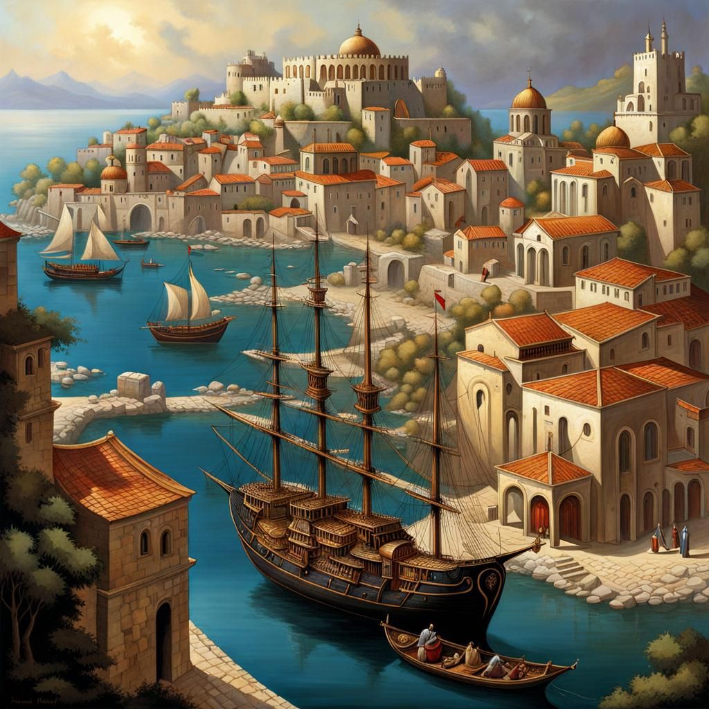 Fantasy Port City with Mediterranean Architecture