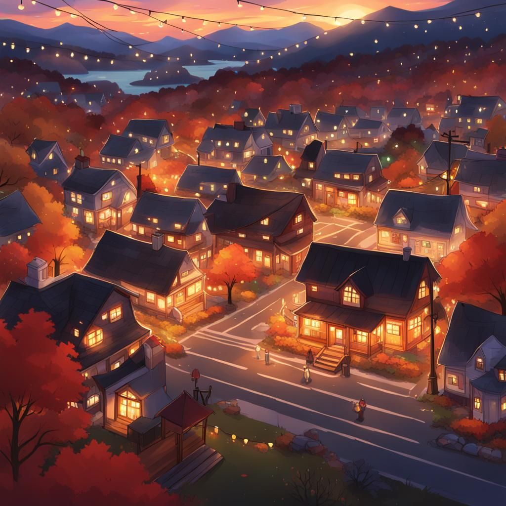 Vermont Town at Sunset in Anime Art Style