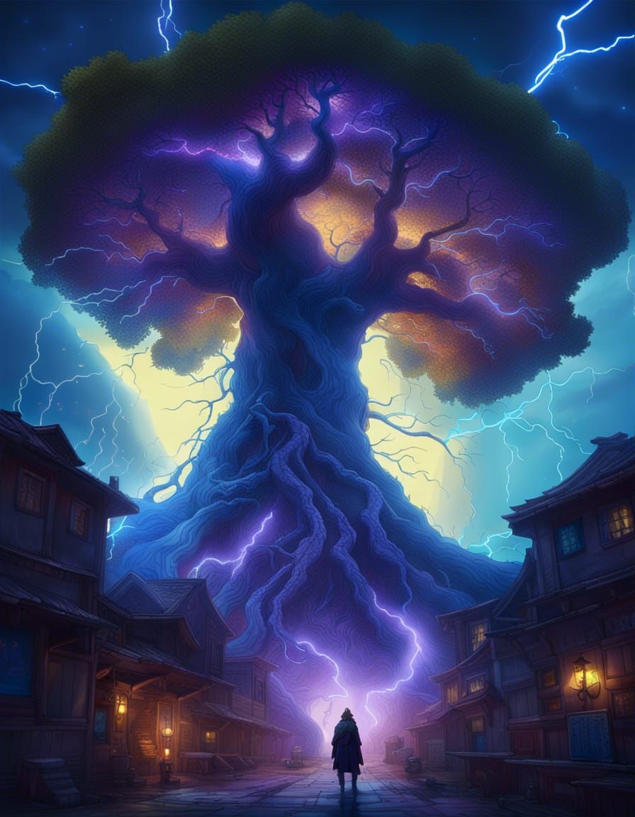 A GIANT TREE BLUE LIGHTNING, SURROUNDING A CITY IN THE TREE... a masterpiece, 8k resolution, dark fantasy concept art, b...