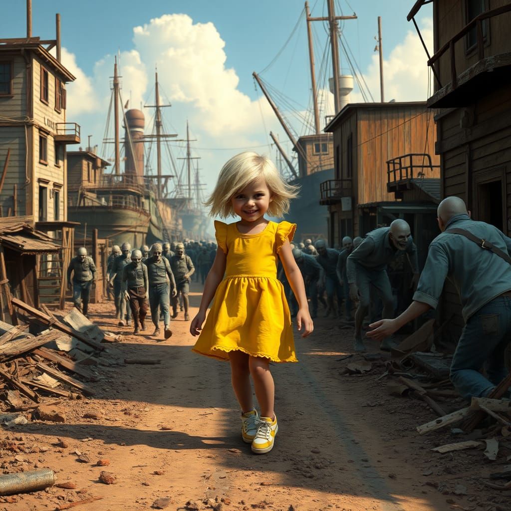 Blond Child Walks Through Zombie Port Town