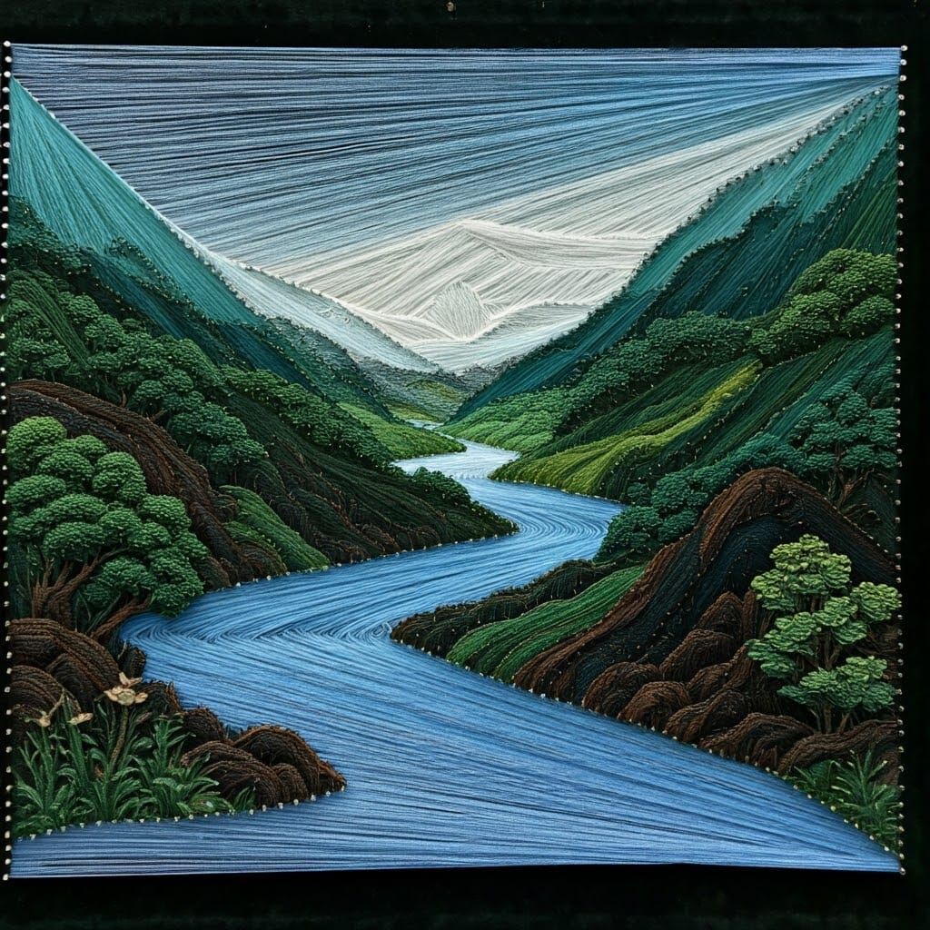 Woven String Art River Scene in Klimt Style