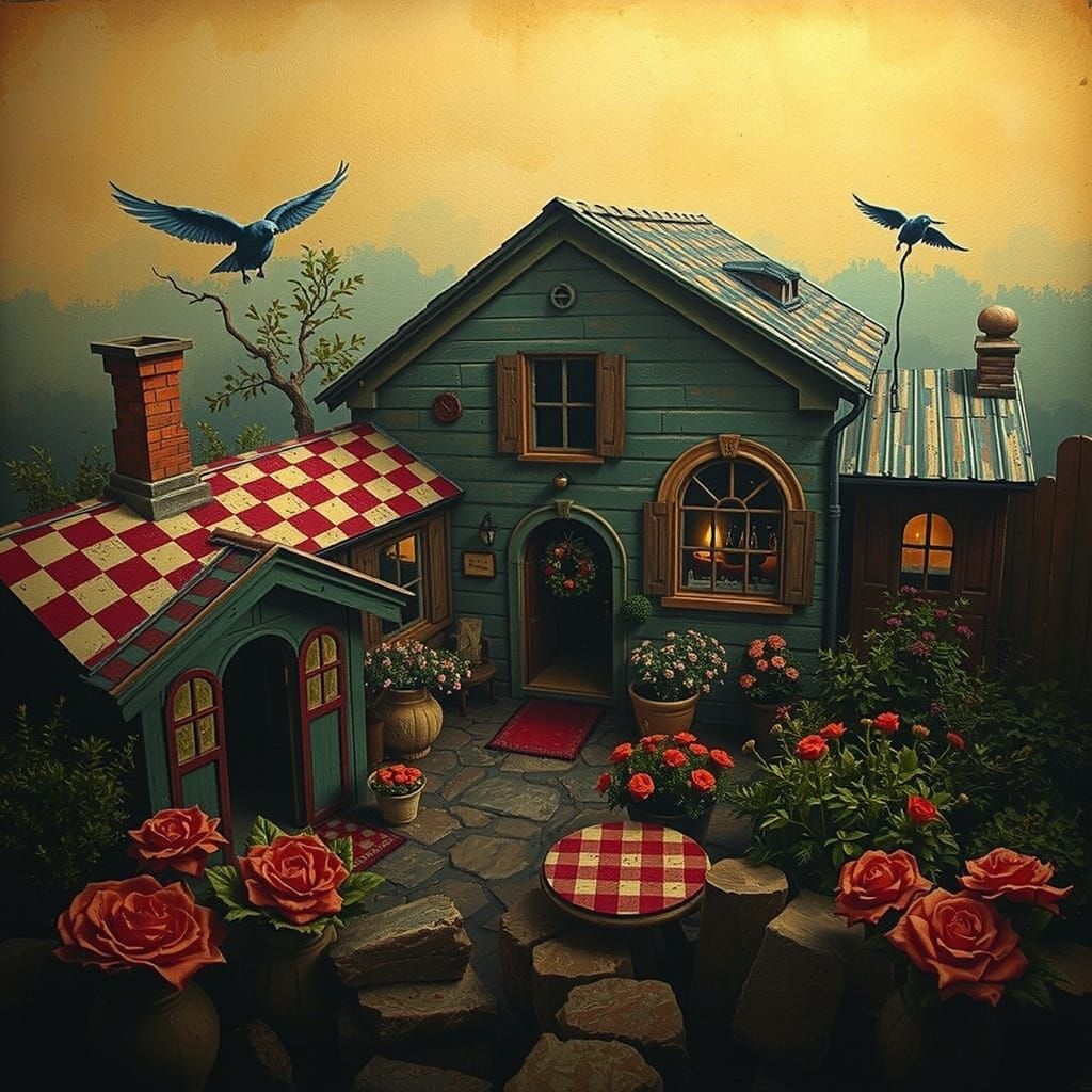 Whimsical Cottage with Gingham Pattern in Watercolor