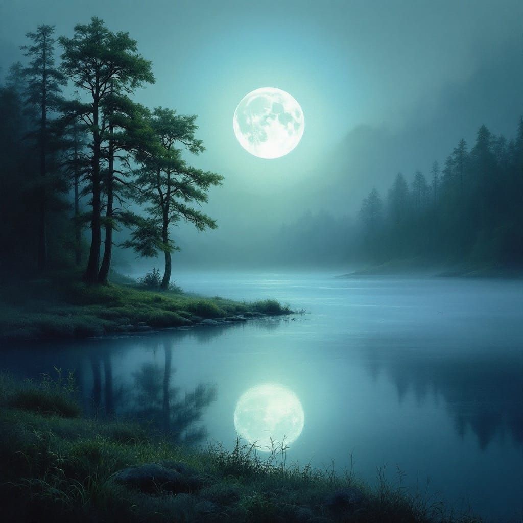 Mystical Full Moon Over Lake in Ethereal Style