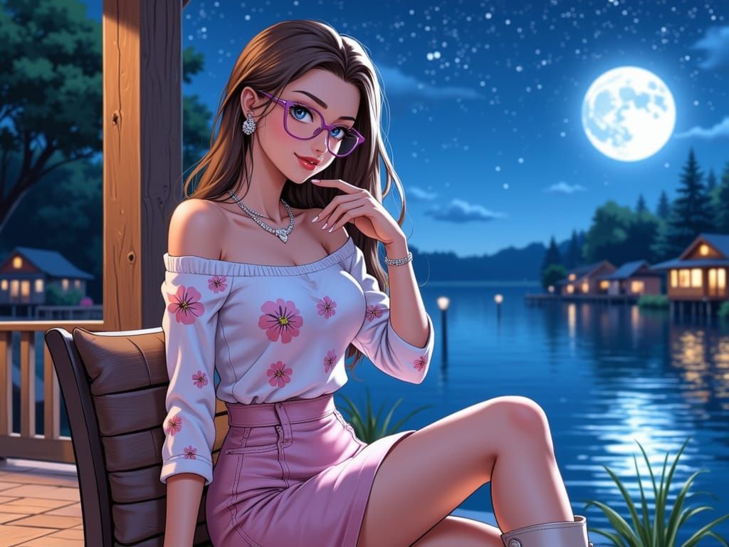 Elegant Anime Woman in Summer Lakehouse Setting