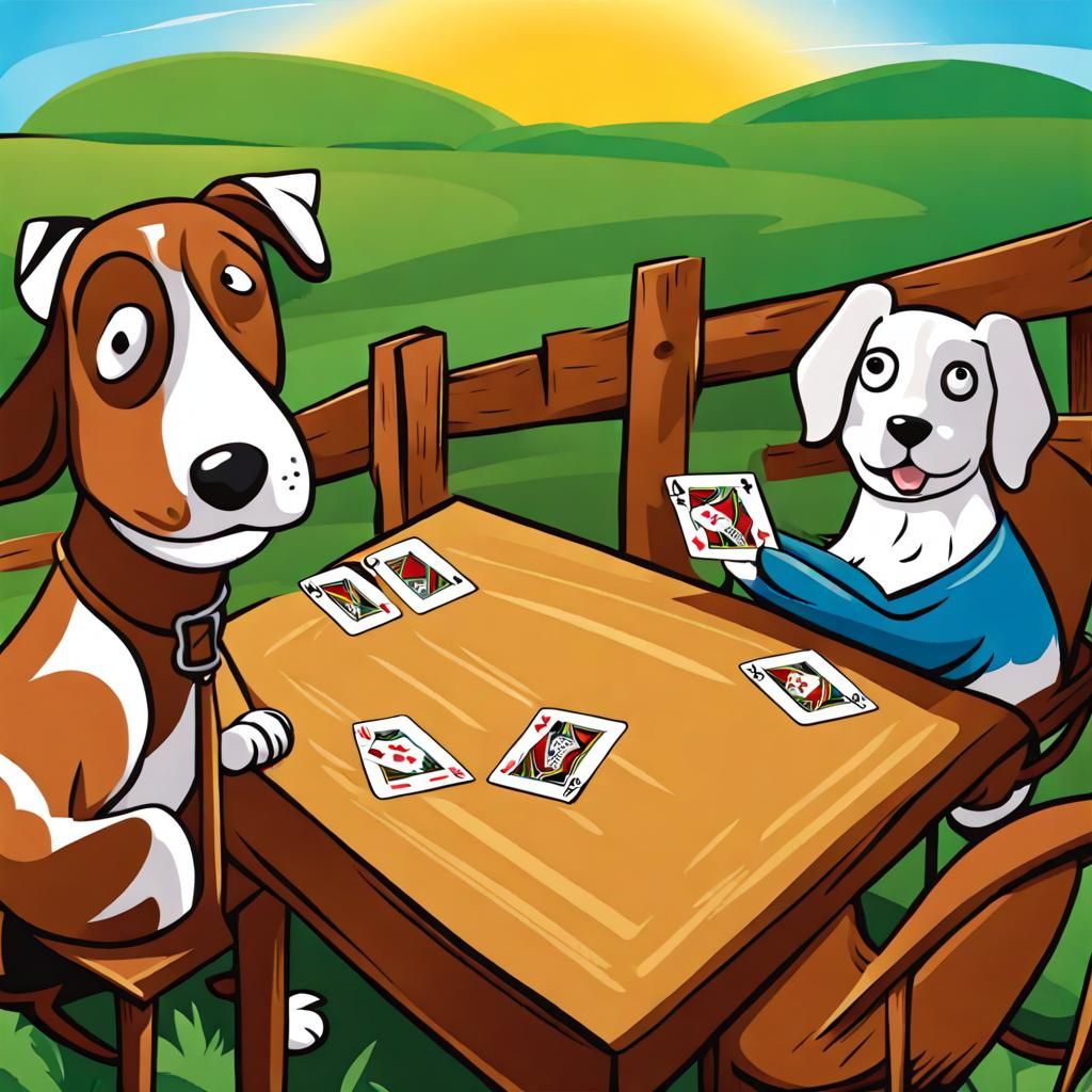 Cartoon Dogs Playing Cards on Farm