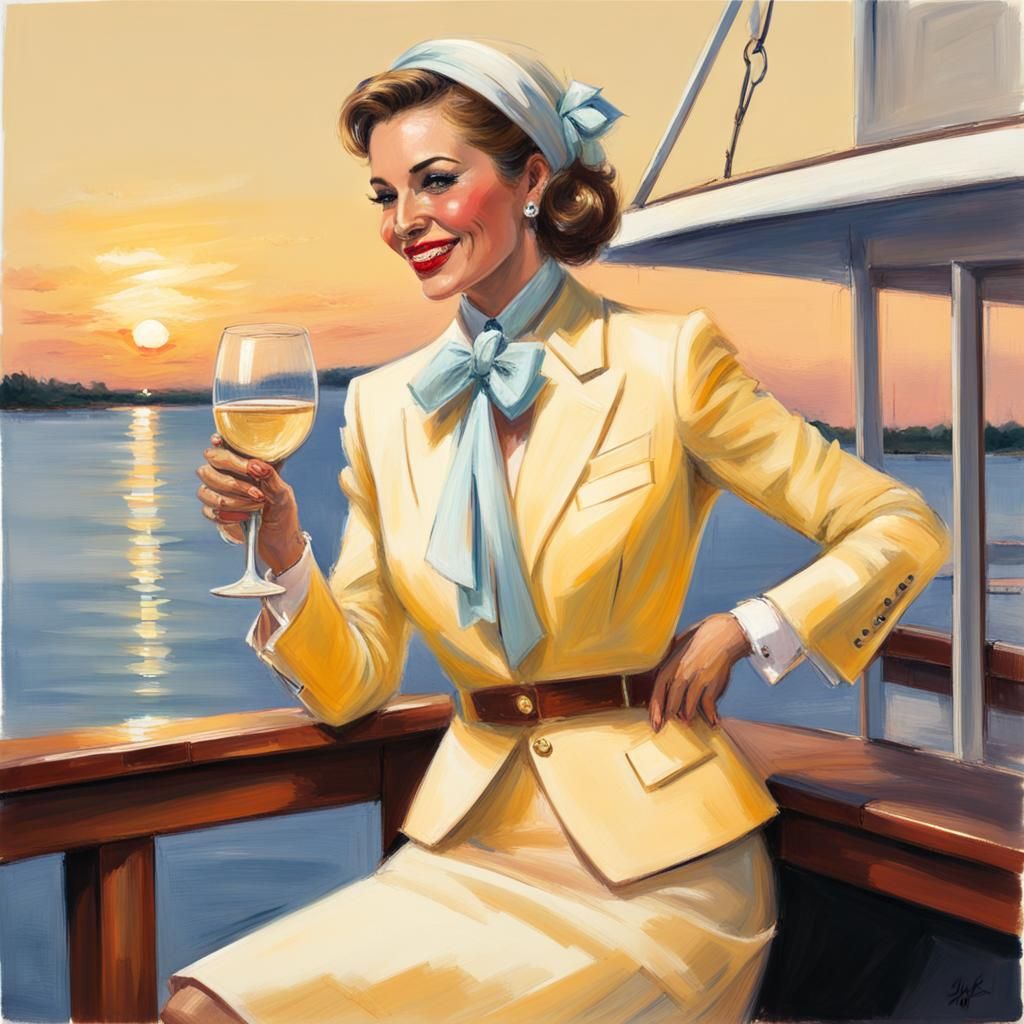Elegant Woman in Pastel Sketch Drinks Wine at Sunset
