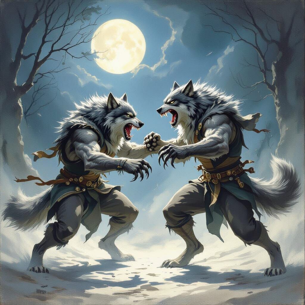 Men Transformed into Wolves Clash in Mystical Moonlight