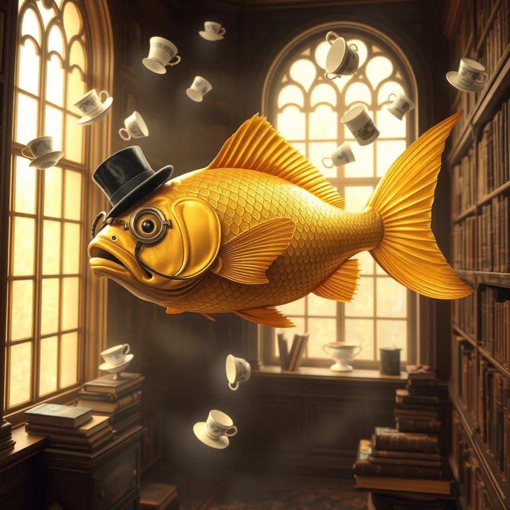 Majestic Golden Fish in Victorian Library Aesthetic