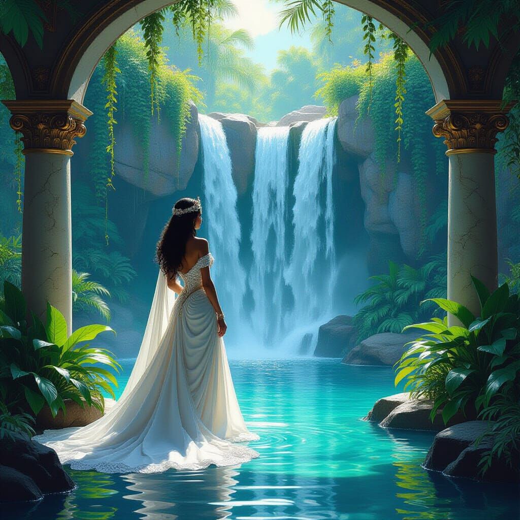 Ornate Waterfall and Queen, Fantasy Oil Painting