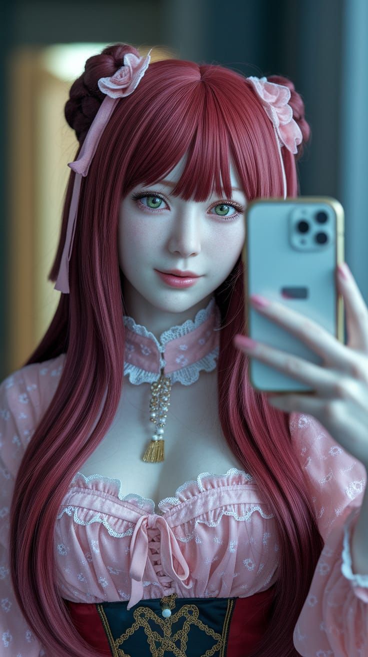 Hyperrealistic Selfie of a Woman with Red Hair