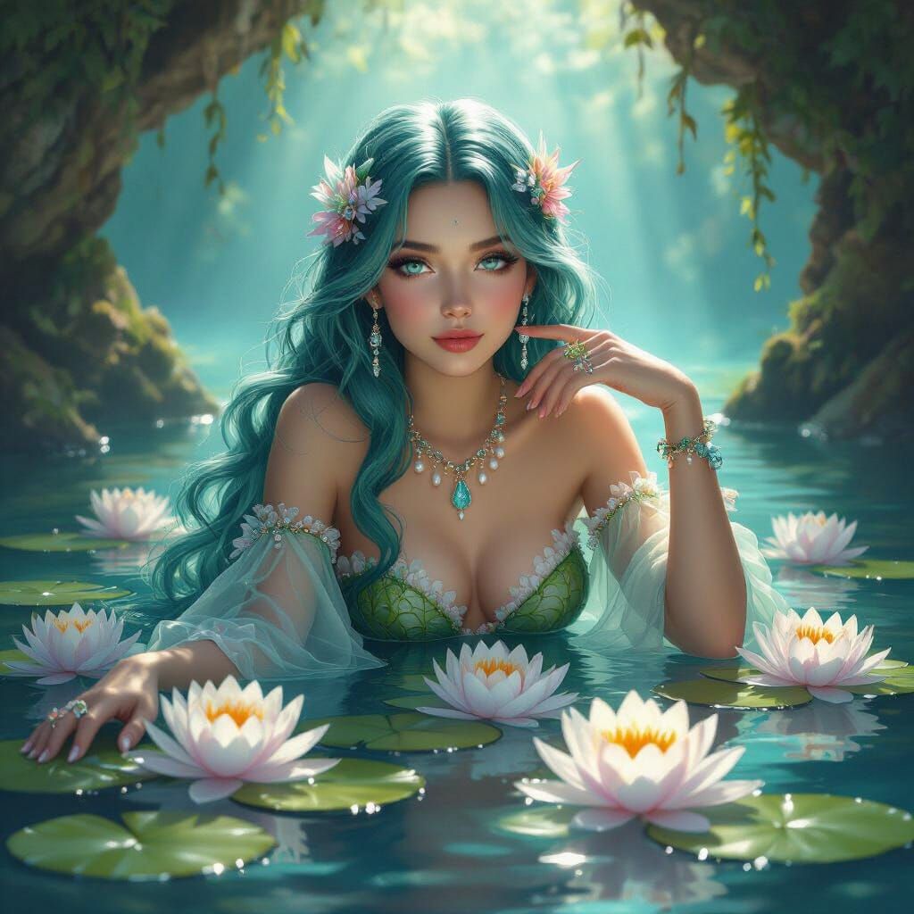 Water Nymph in Sunlit Grotto: Fantasy Art