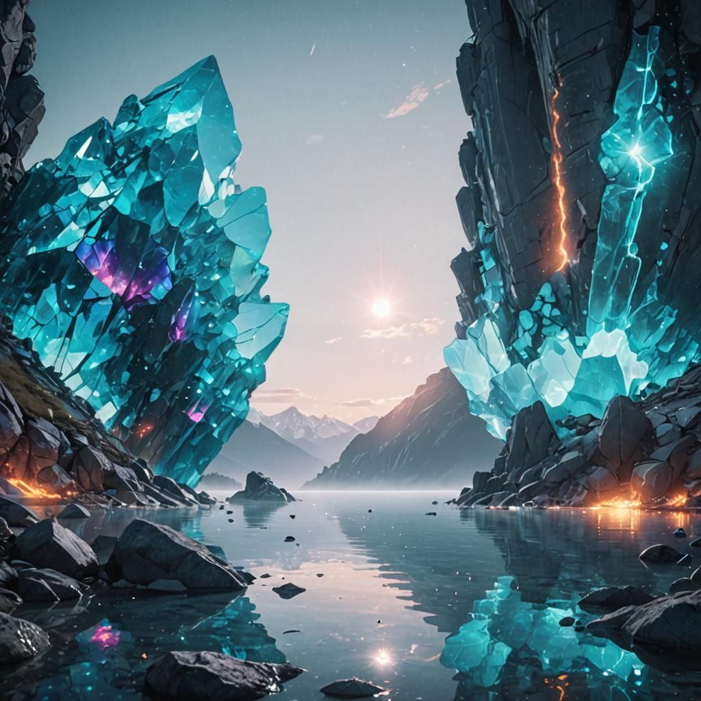 Cosmic Turquoise Crystal Lake at Sunset