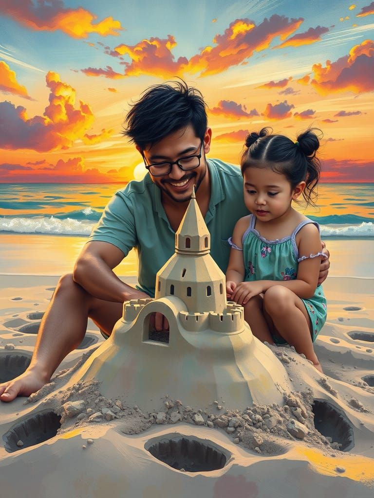 Stunning Tropical Family Sandcastle Artwork in Oil Pastel St...