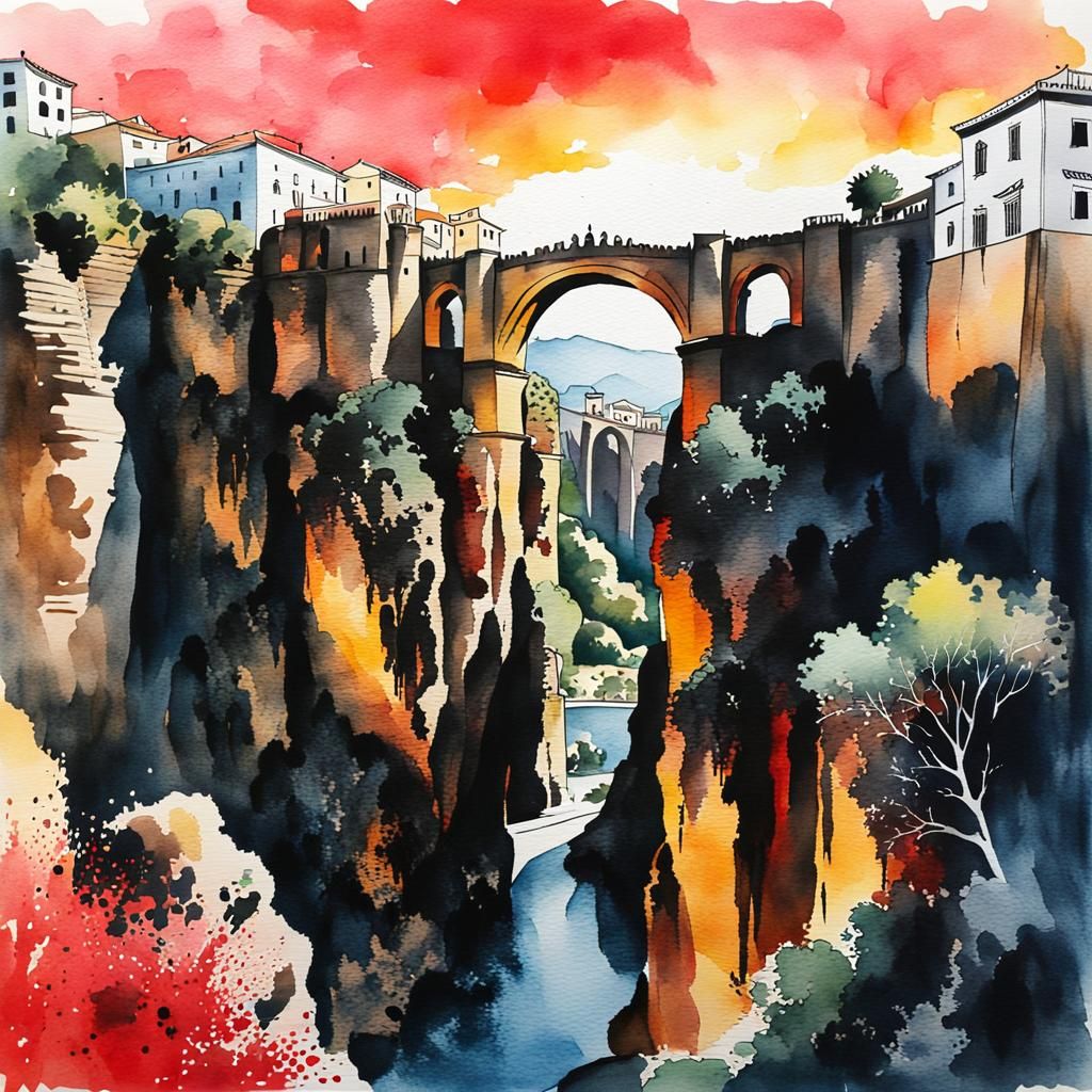 Watercolor Bridge Over Deep Canyon at Sunset