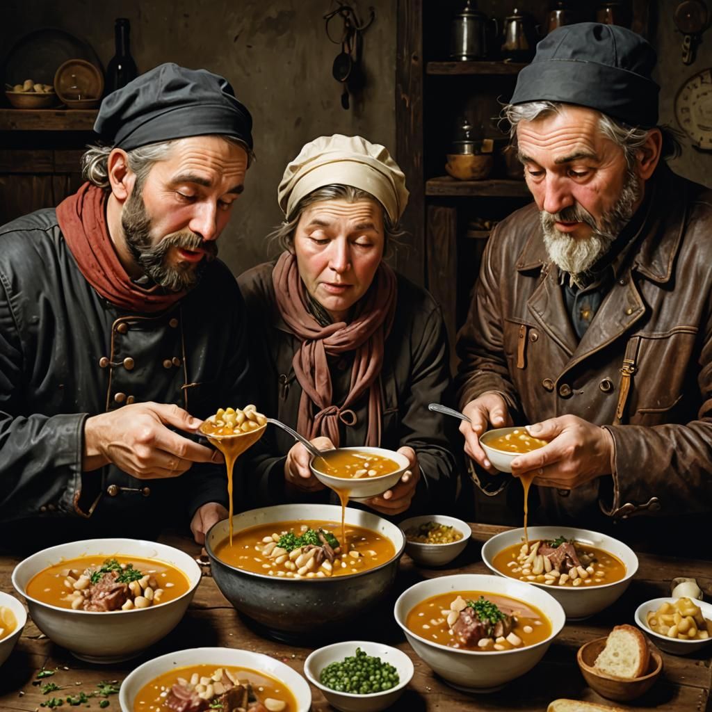 Modern Peasants Slurping Meat Slime Soup